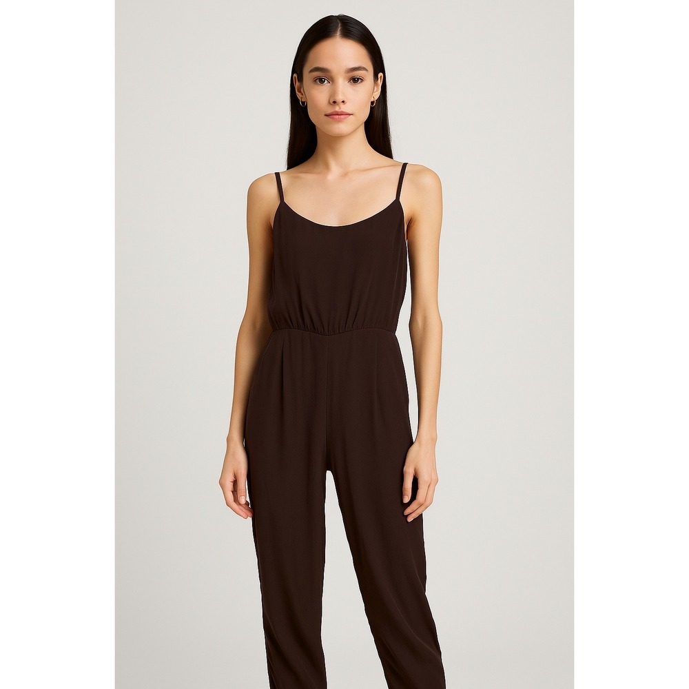 Bebe Brown Silk Blend Jumpsuit Spaghetti Strap‎ Sleeveless XXS Extra Extra Small